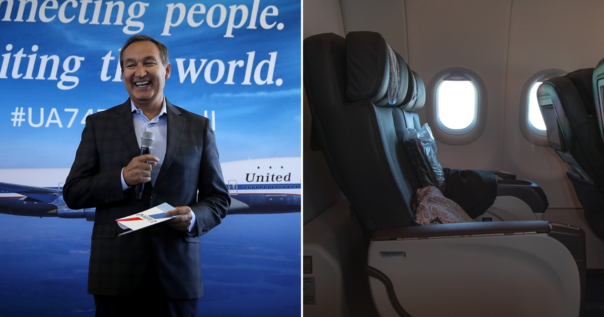 United CEO, left, and empty business class seats, right.