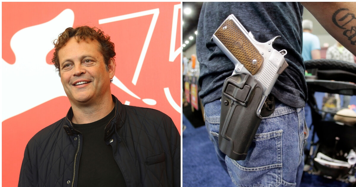 Actor Vince Vaughn poses for photographers and Donald Carder wears his handgun in a holster as he pushes his son, Waylon, in a stroller
