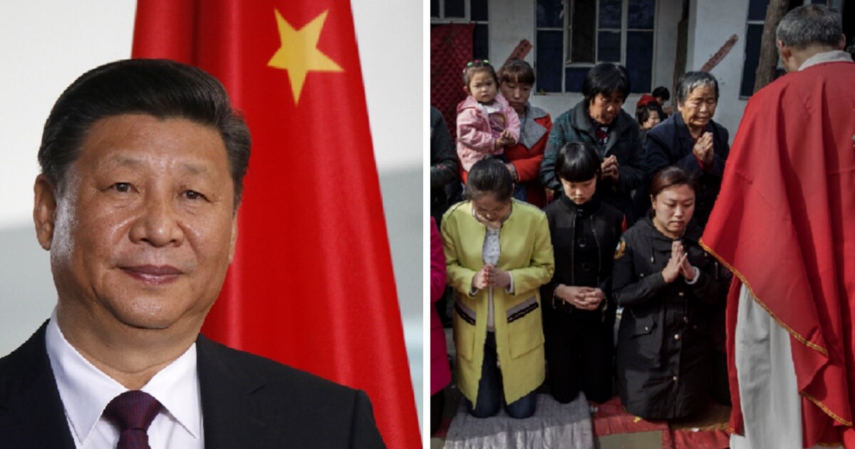 Chinese President Xi Jinping, left; Chinese Catholic worshippers, right.