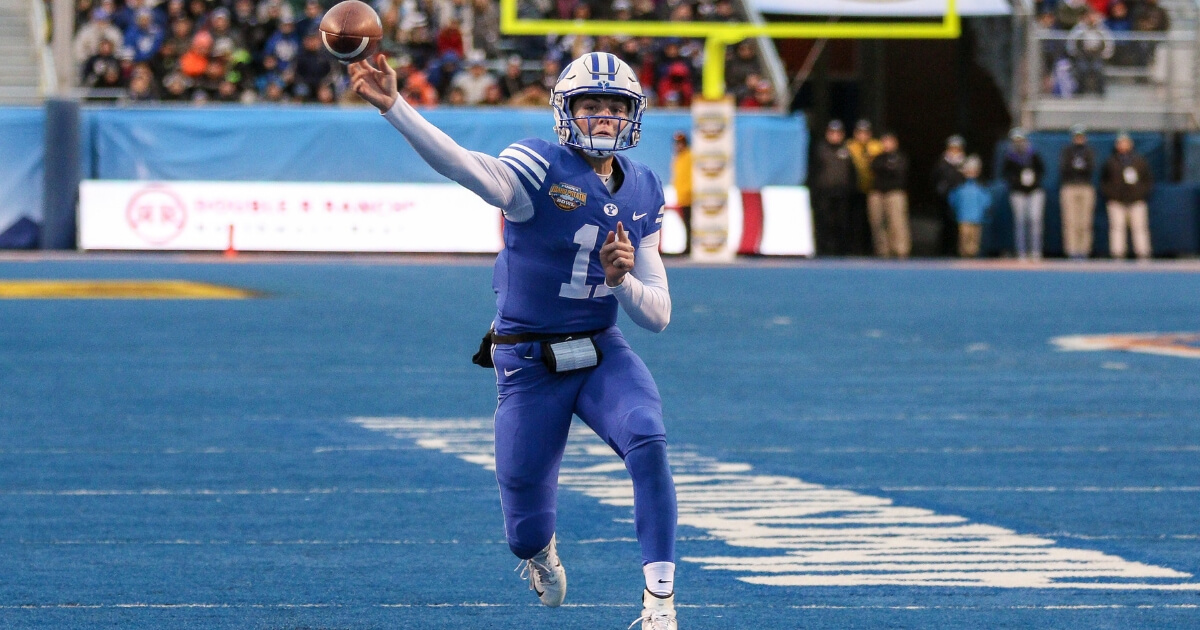 Quarterback Zach Wilson of the BYU Cougars throws a pass during second half action against the Western Michigan Broncos at the Famous Idaho Potato Bowl on Dec. 21, 2018, at Albertsons Stadium in Boise, Idaho.