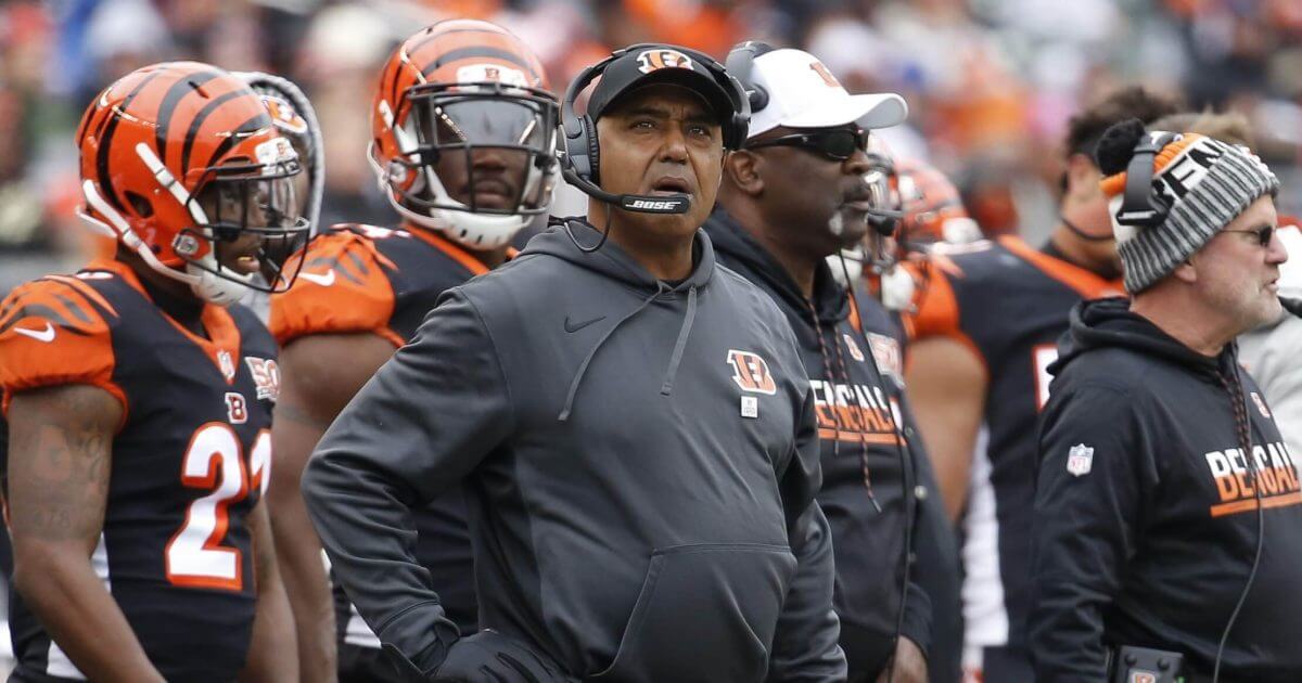 In this Oct. 29, 2017, photo, Cincinnati Bengals head coach Marvin Lewis works the sideline in the first half of an NFL football game against the Indianapolis Colts in Cincinnati.