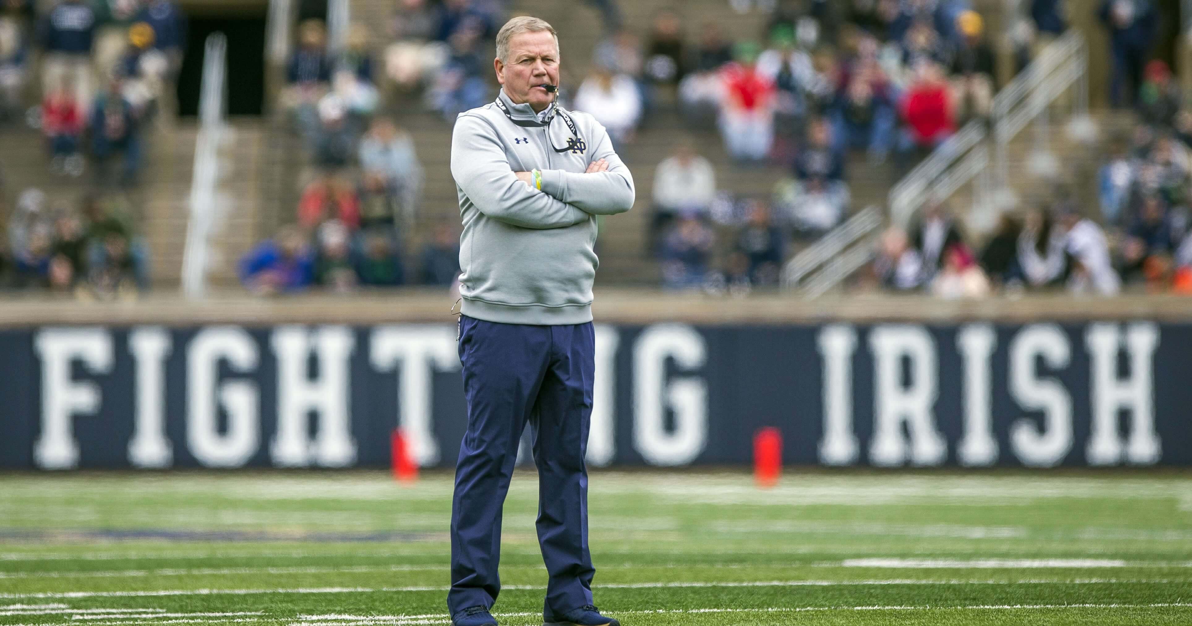 Notre Dame head coach Brian Kelly watches during the Notre Dame Blue-Gold spring game April 21 in South Bend.