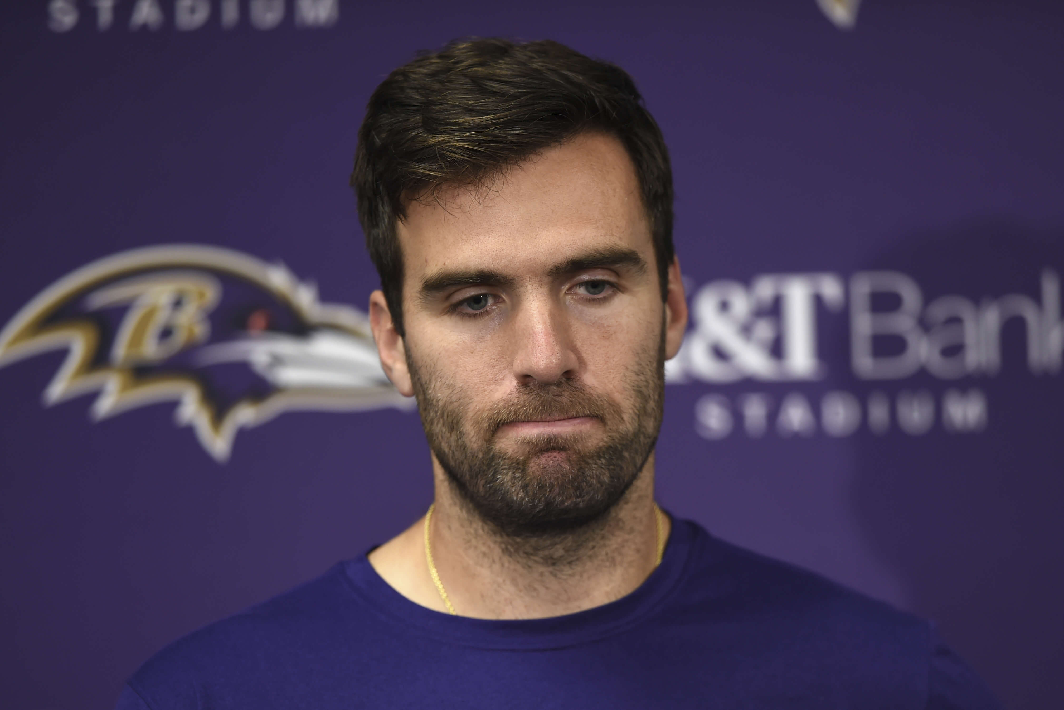 Baltimore Ravens quarterback Joe Flacco speaks at a news conference Nov. 4. Flacco has lost his starting job and will be the backup Sunday for the first time in his 11-year NFL career.