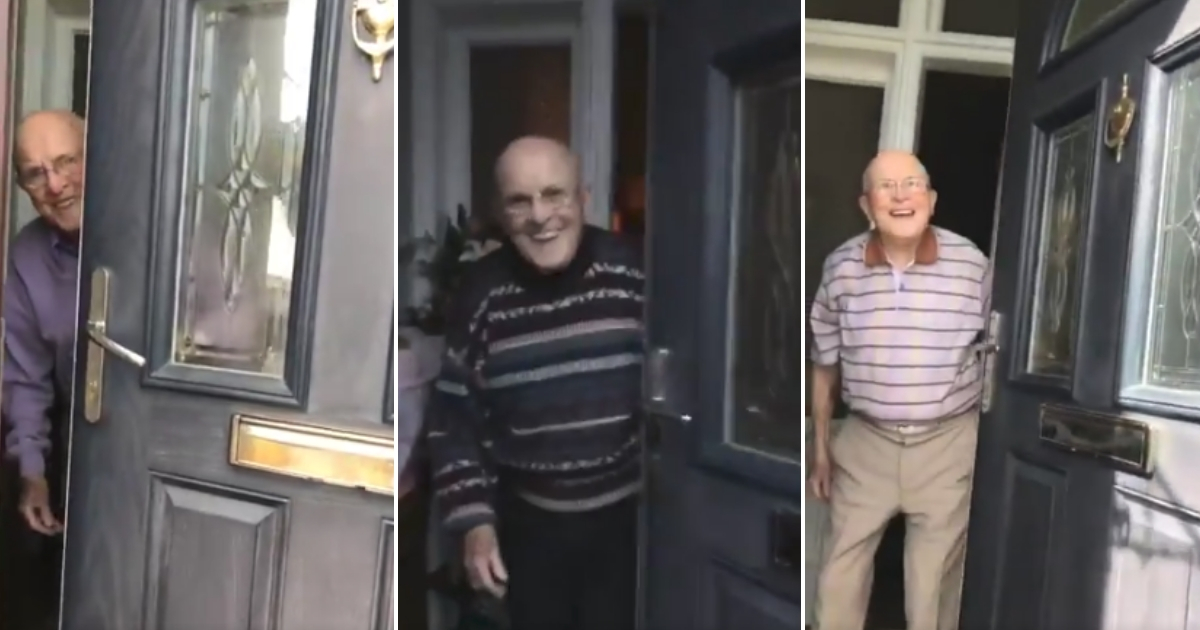 An elderly man answers the door to see his granddaughter.
