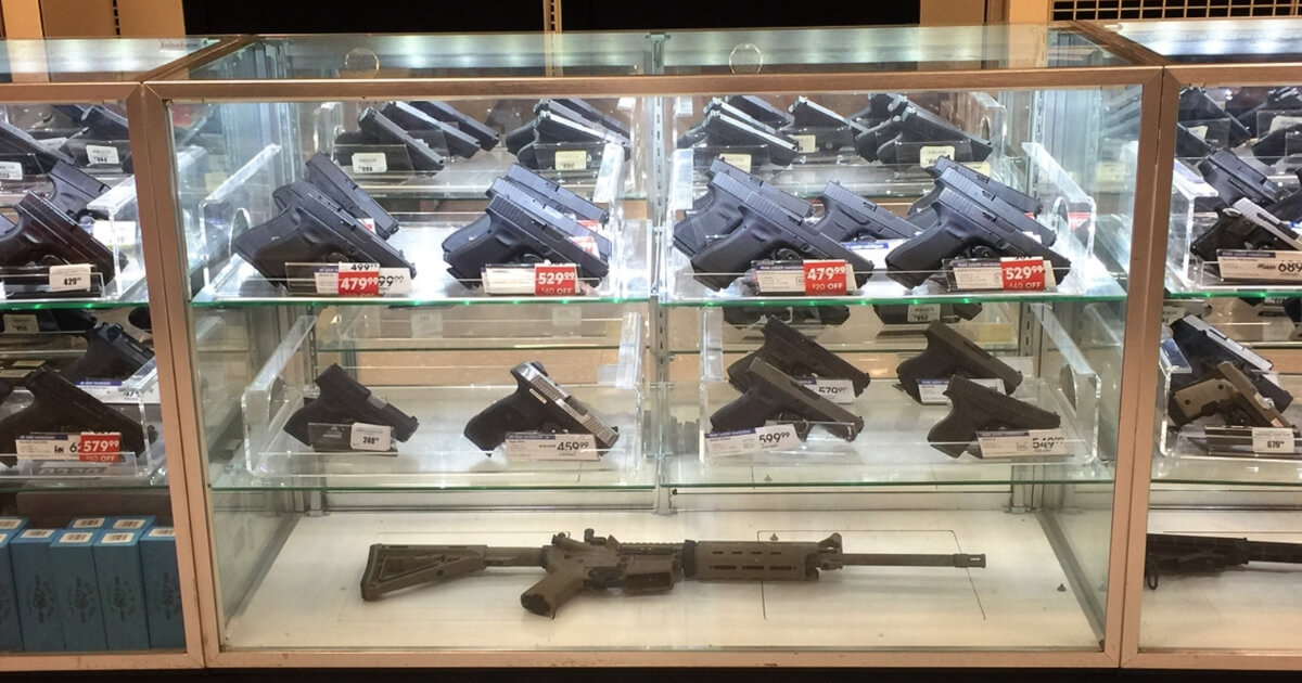 Guns in a display case at a store in Monroe, Louisiana.