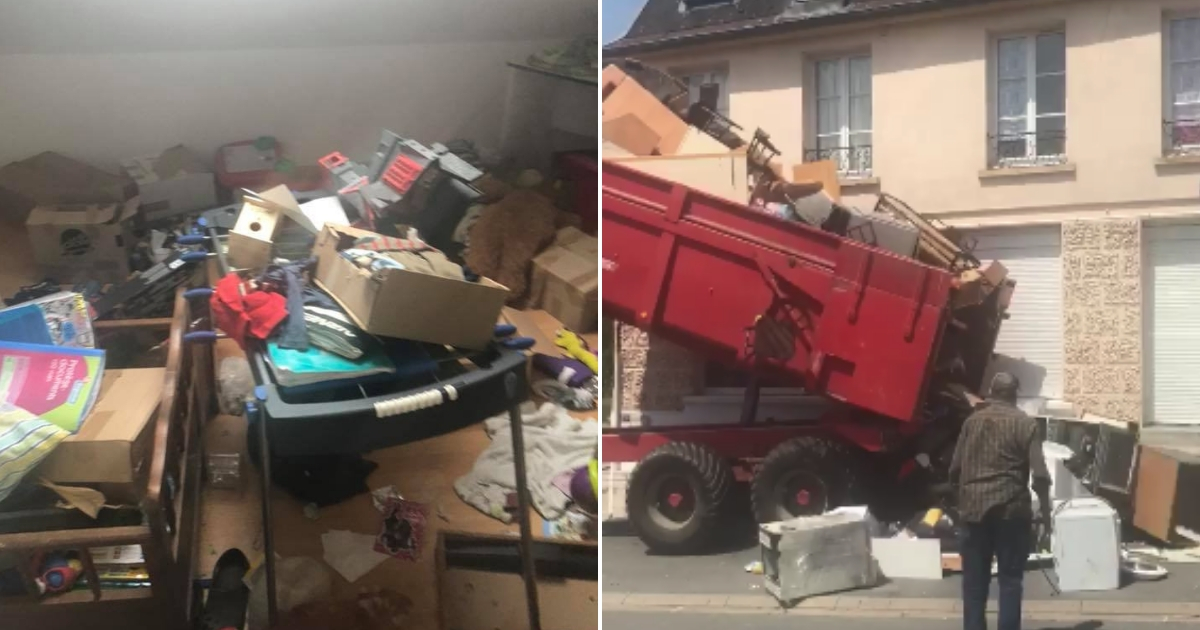 A messy apartment, left, and a dump truck dumping stuff, right.