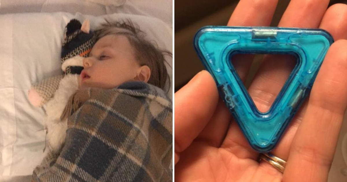 Little boy in hospital bed, left, and triangle toy, right.