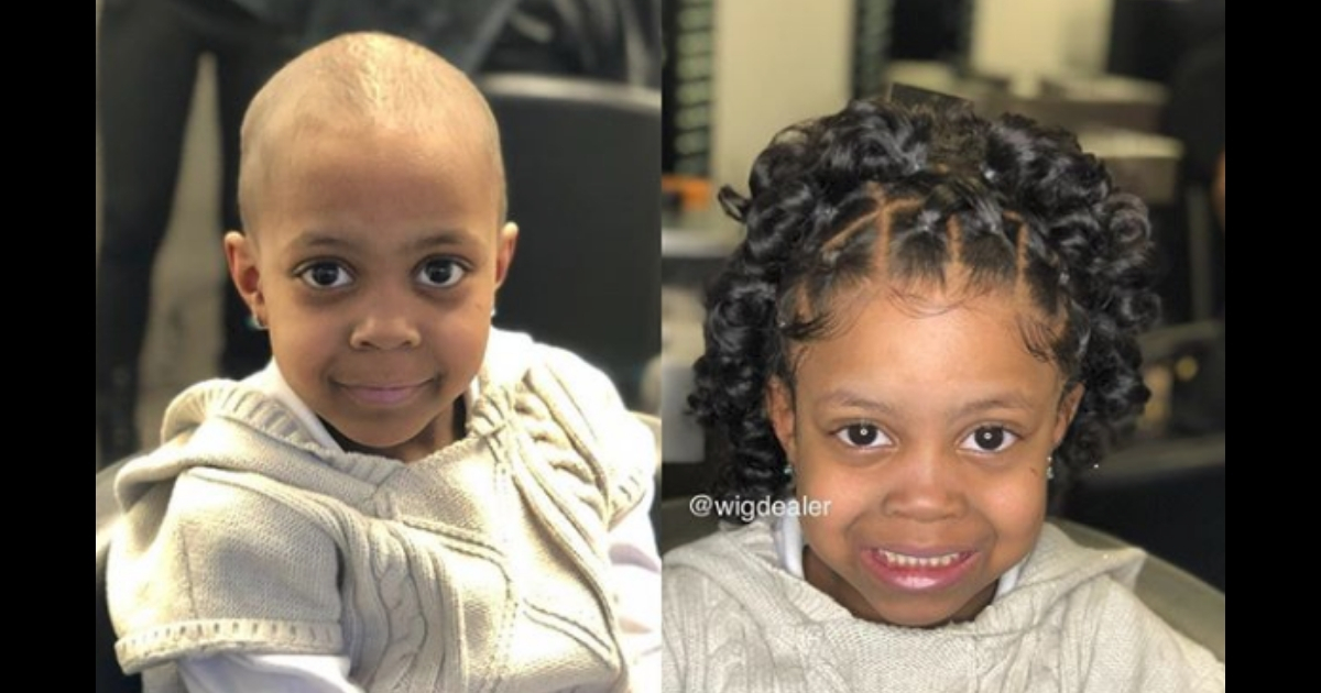 A little girl with cancer gets a wig.