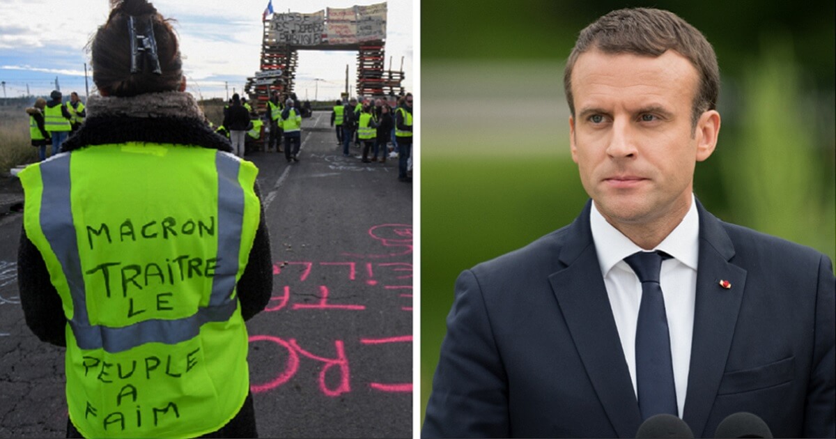 A protester in France, left; French President Emmanuel Macron, right.