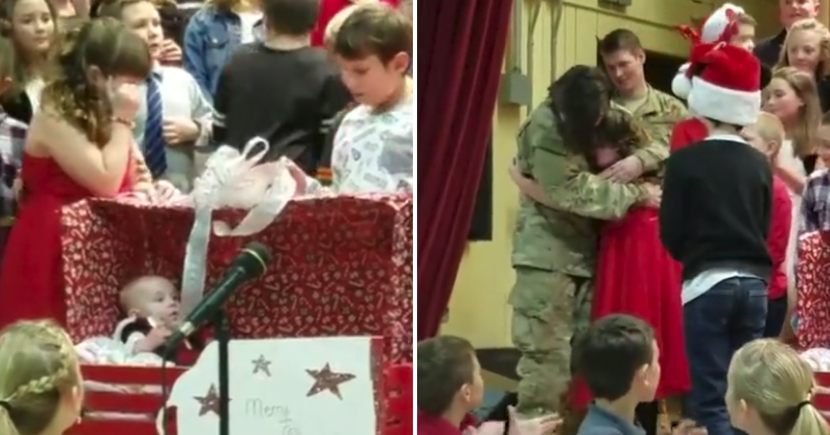 A military sister surprises her little sister for Christmas.