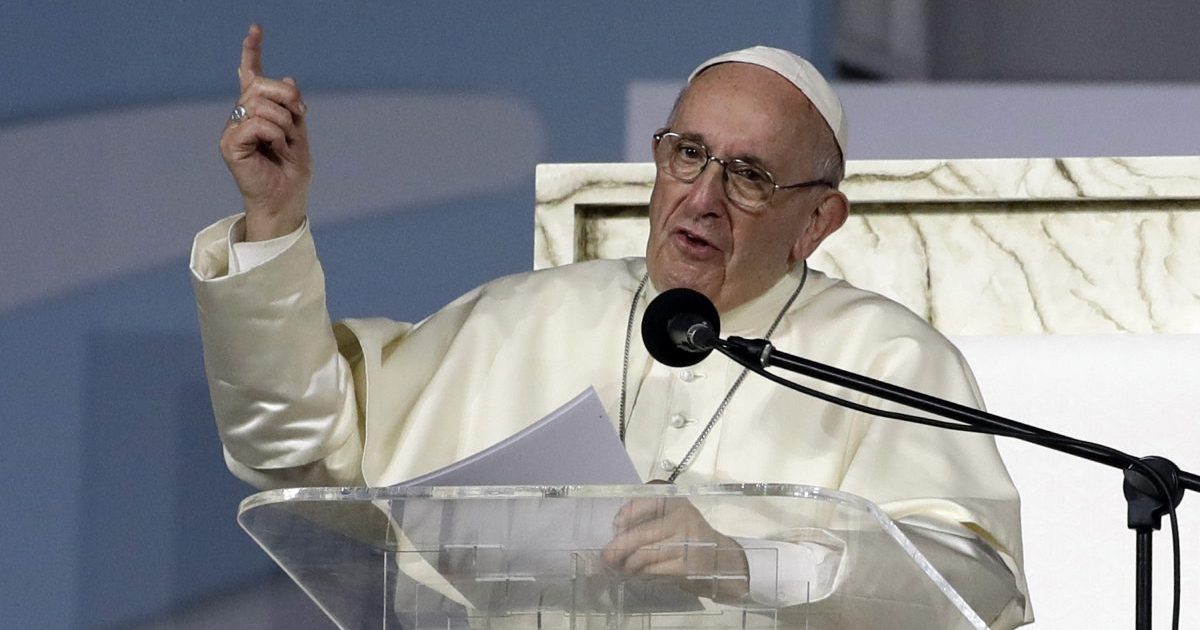 Pope Francis delivers his speech during a vigil at Campo San Juan Pablo II in Panama City, Jan. 26, 2019.