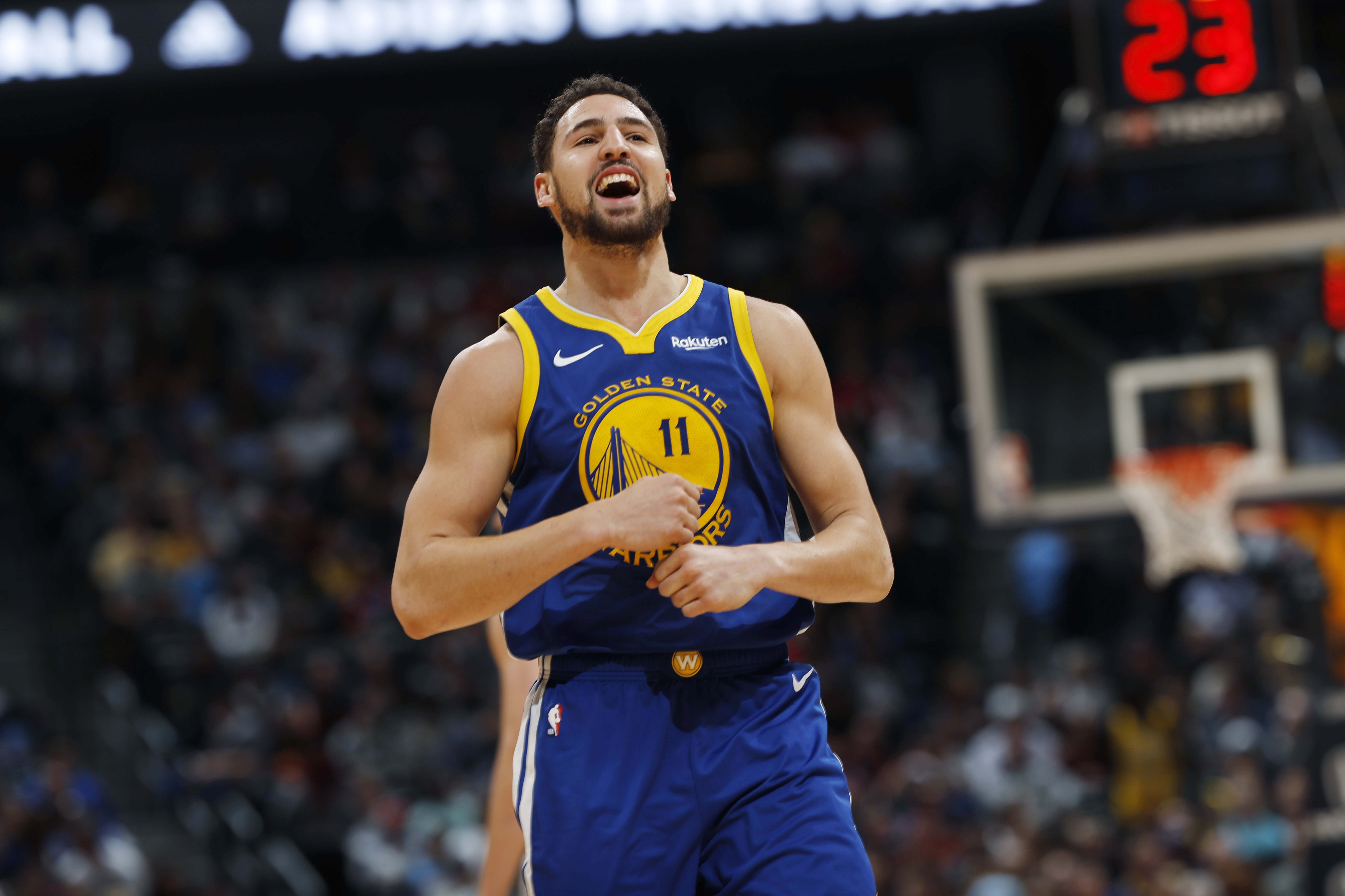Golden State Warriors guard Klay Thompson reacts after hitting a shot Tuesday against the Denver Nuggets.