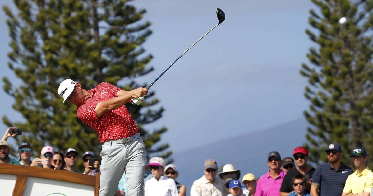 Gary Woodland plays his shot from the third tee during the third round of the Tournament of Champions golf event on Saturday at Kapalua Plantation Course in Kapalua, Hawaii.