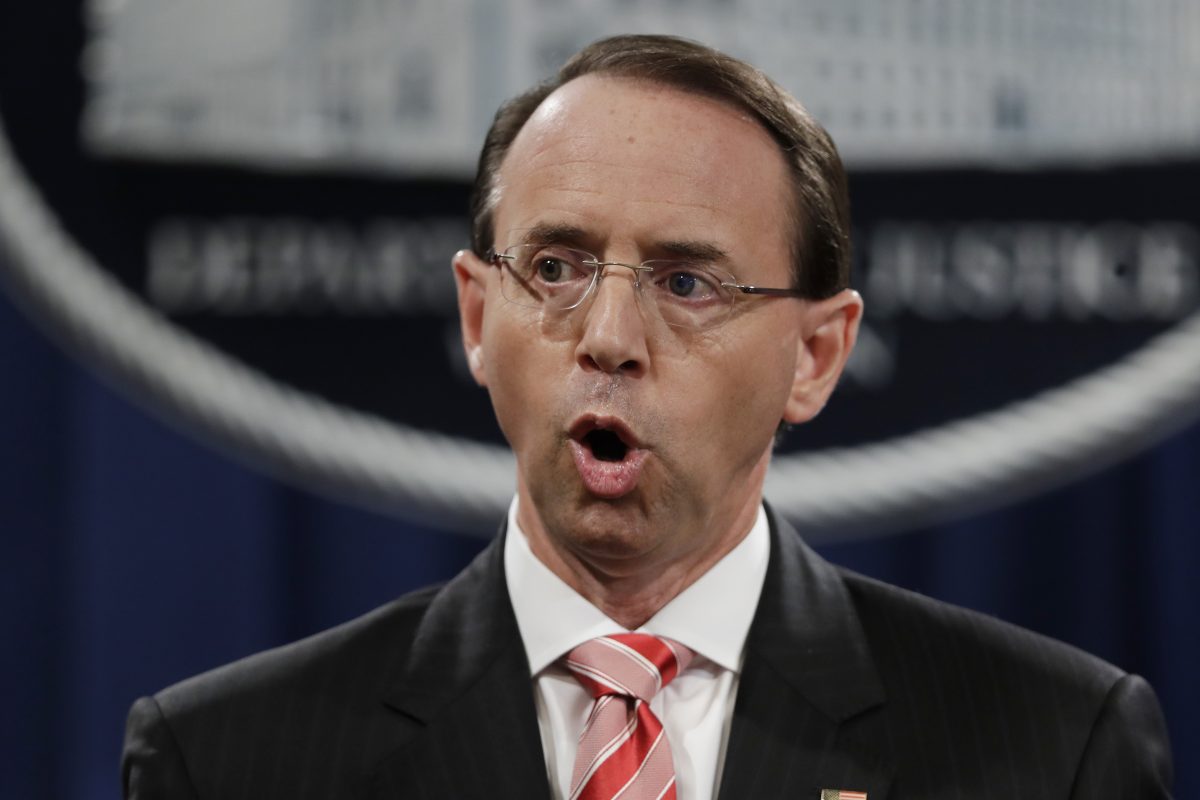 Deputy Attorney General Rod Rosenstein speaks during a news conference at the Department of Justice in Washington.