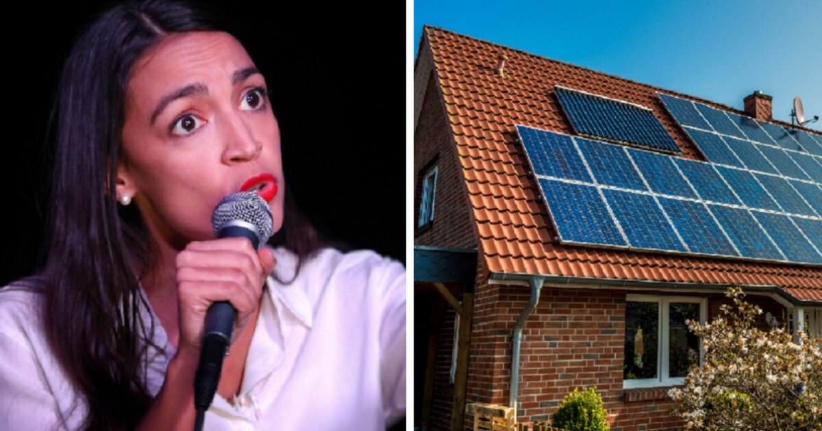 Alexandria Ocasio-Cortez, left; and solar panels on a house, right.