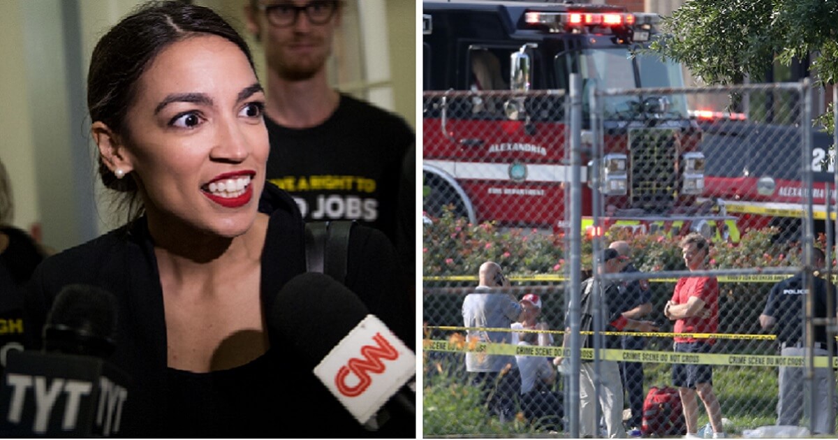 Alexandria Ocasio-Cortez, left; and scene from the 2017 Scalise shooting, right.