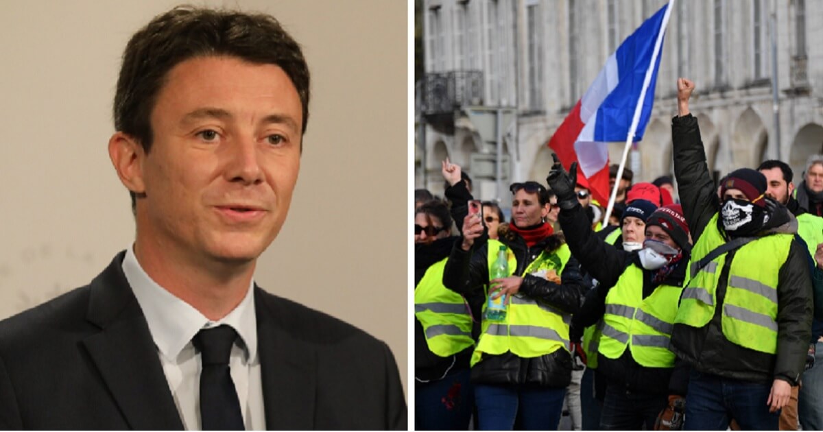 French government spokesman Benjamin Givreaux, left, and "yellow vest" protesters, right.