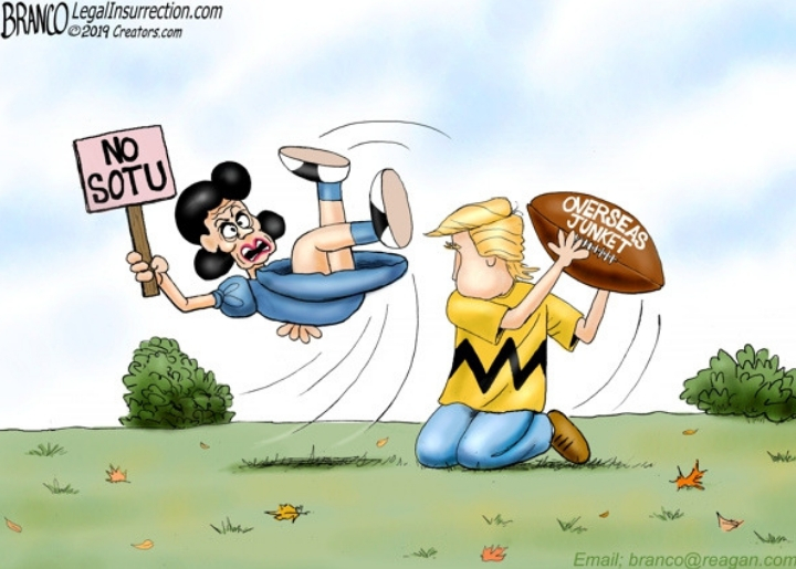 Donald Trump dressed as Charlie Brown pulls a football labeled "overseas junket" away from Nancy Pelosi, dressed as Lucy from "Peanuts," tries to kick it while holding a "No SOTO" sign.