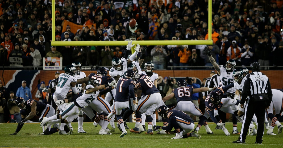 Chicago Bears kicker Cody Parkey kicks and misses a field goal during the second half of an NFL wild-card playoff football game against the Philadelphia Eagles.