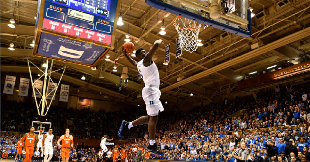 Zion Williamson #1 of the Duke Blue Devils goes up for a 360-degree dunk against the Clemson Tigers in the second half at Cameron Indoor Stadium on Saturday in Durham, North Carolina.