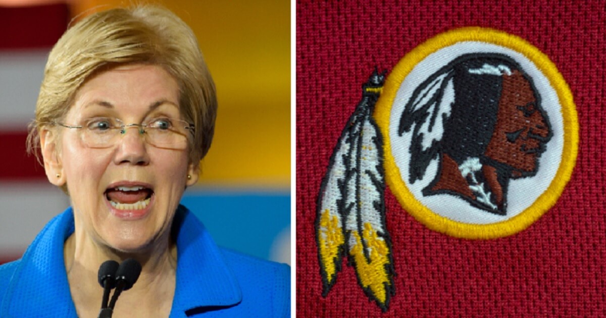 Elizabeth Warren, left; Washington Redskins logo, right.