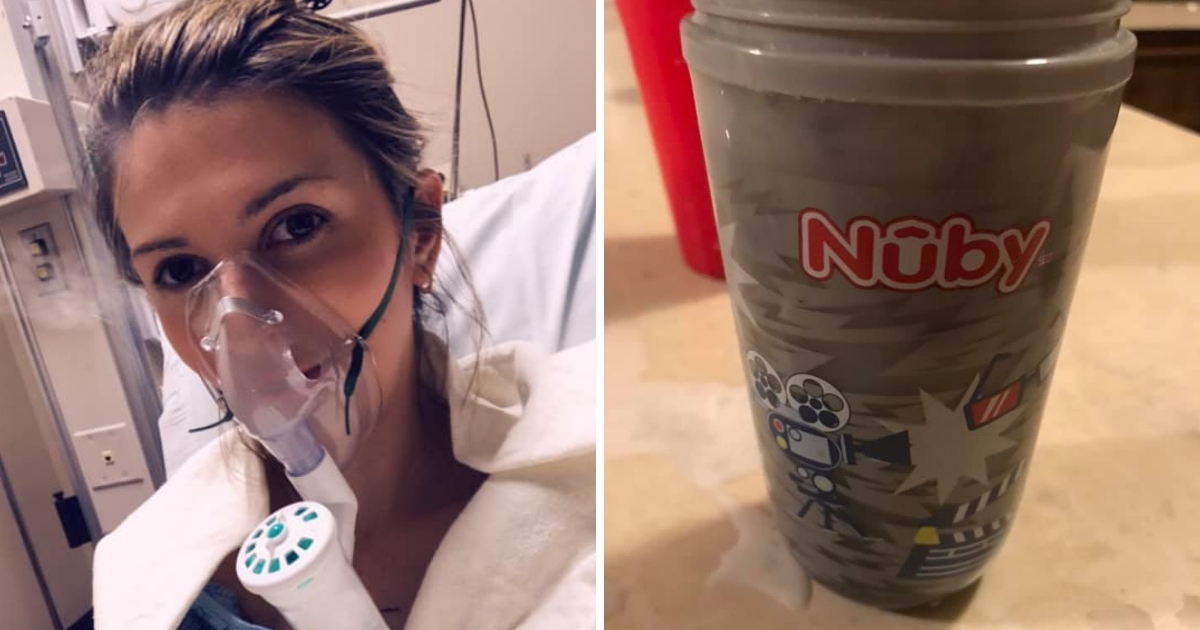 Woman in hospital, left, and a sippy cup, right.