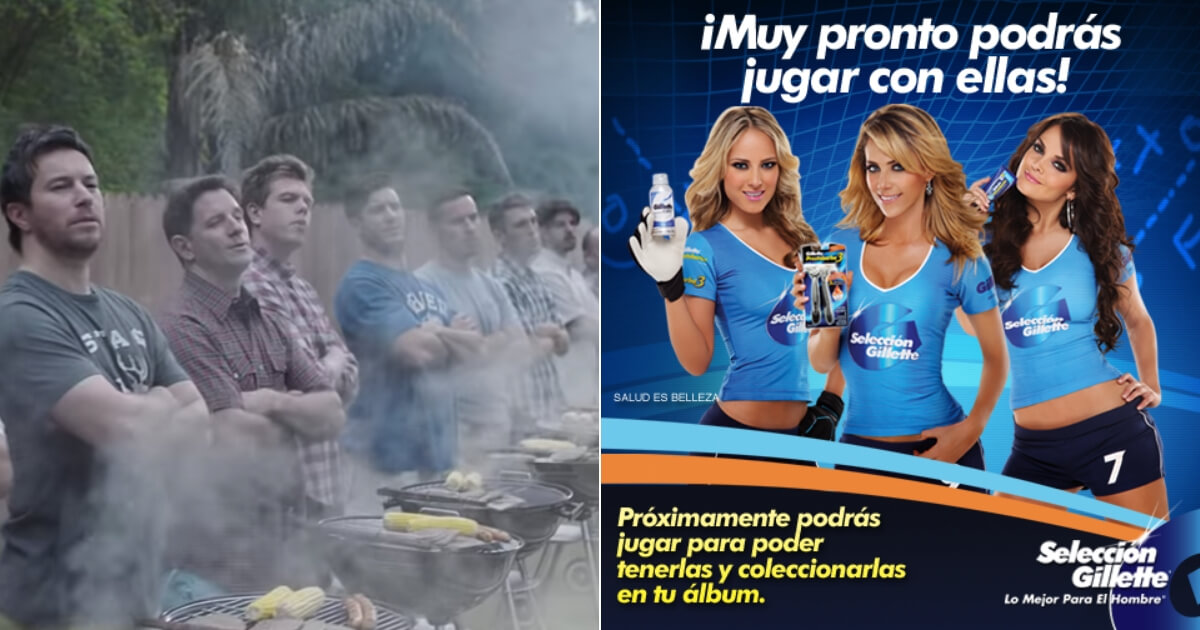 Men lined up with grills, left, and women in an advertisement, right.