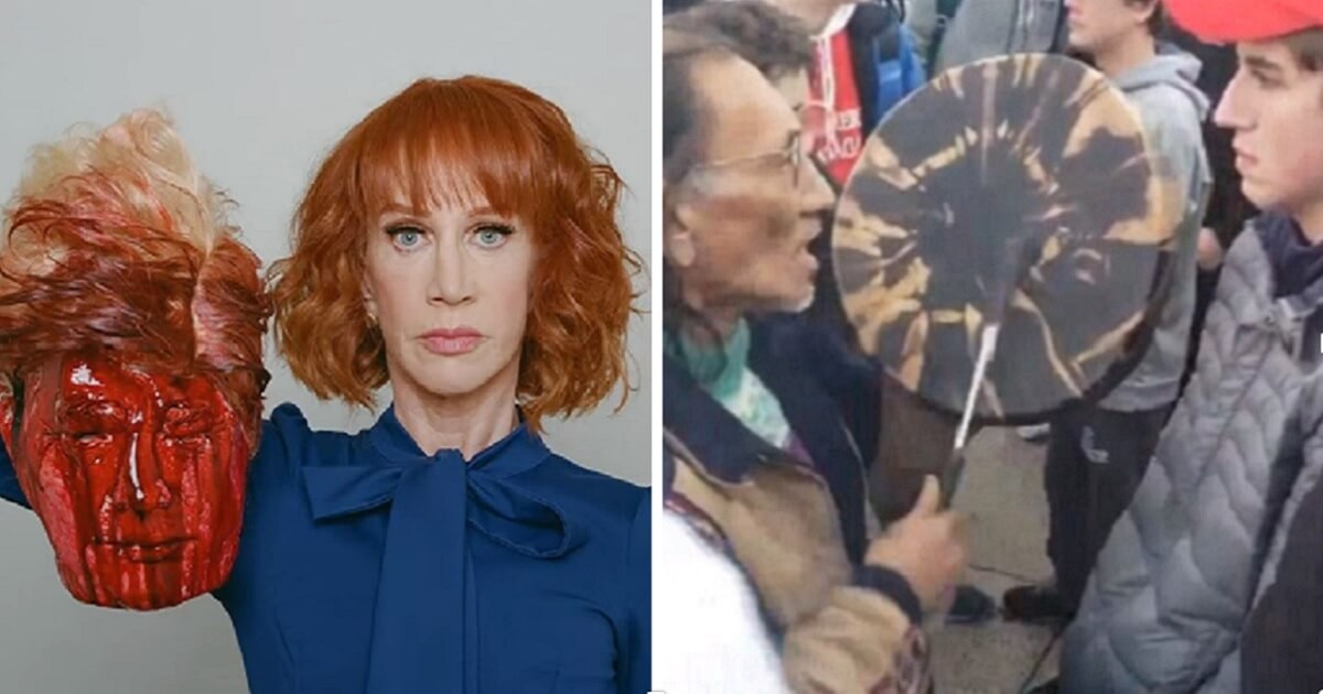 Kathy Griffin with fake severed head, left; '"racist" interaction, right.