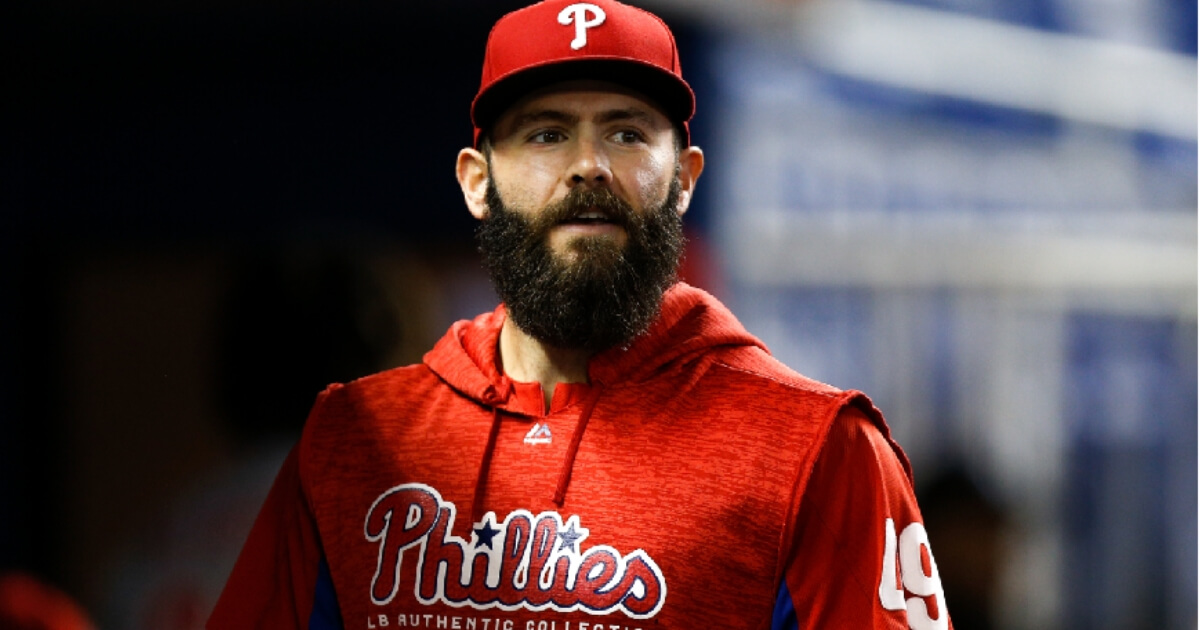 Jake Arrieta of the Philadelphia Phillies looks on in the dugout against the Miami Marlins at Marlins Park on Sept. 3, 2018 in Miami, Florida.