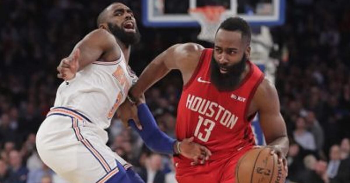 Houston Rockets' James Harden drives past New York Knicks' Tim Hardaway Jr. during the first half of Wednesday's game ast Madison Square Garden.