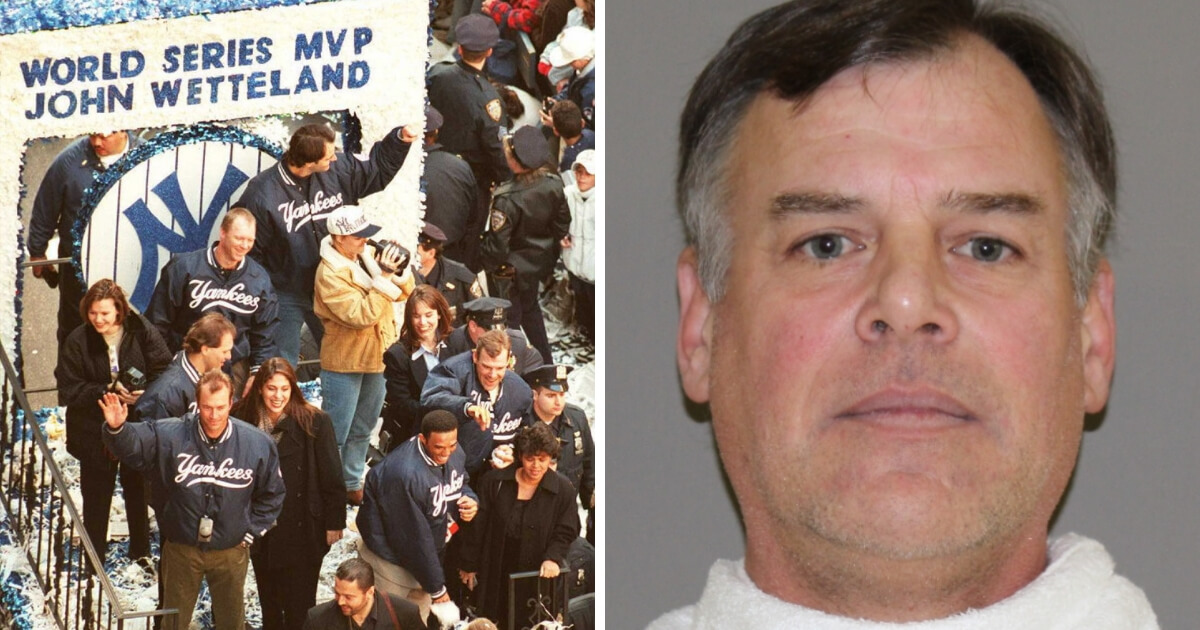 Left: John Wetteland in 1996 riding a float in the New York ticker tape parade celebrating the Yankees' championship. Right: His jailhouse mugshot.