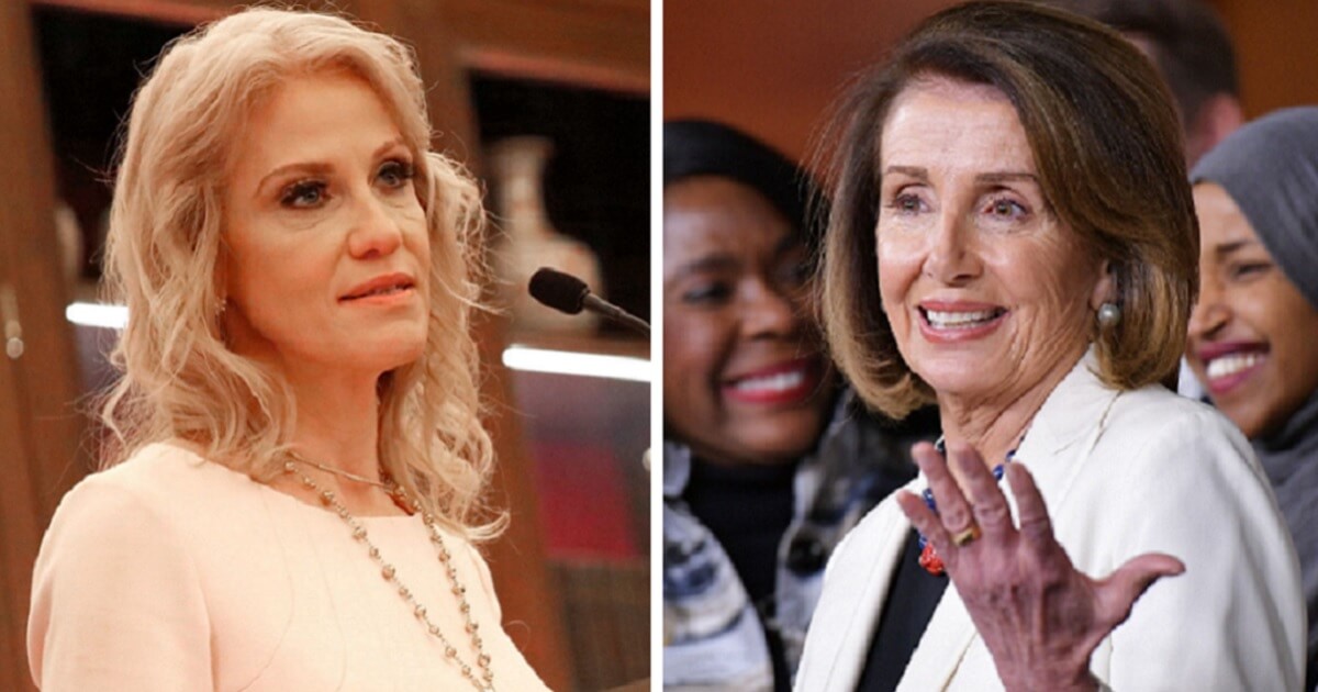 Kellyanne Conway, left; and Nancy Pelosi, right.
