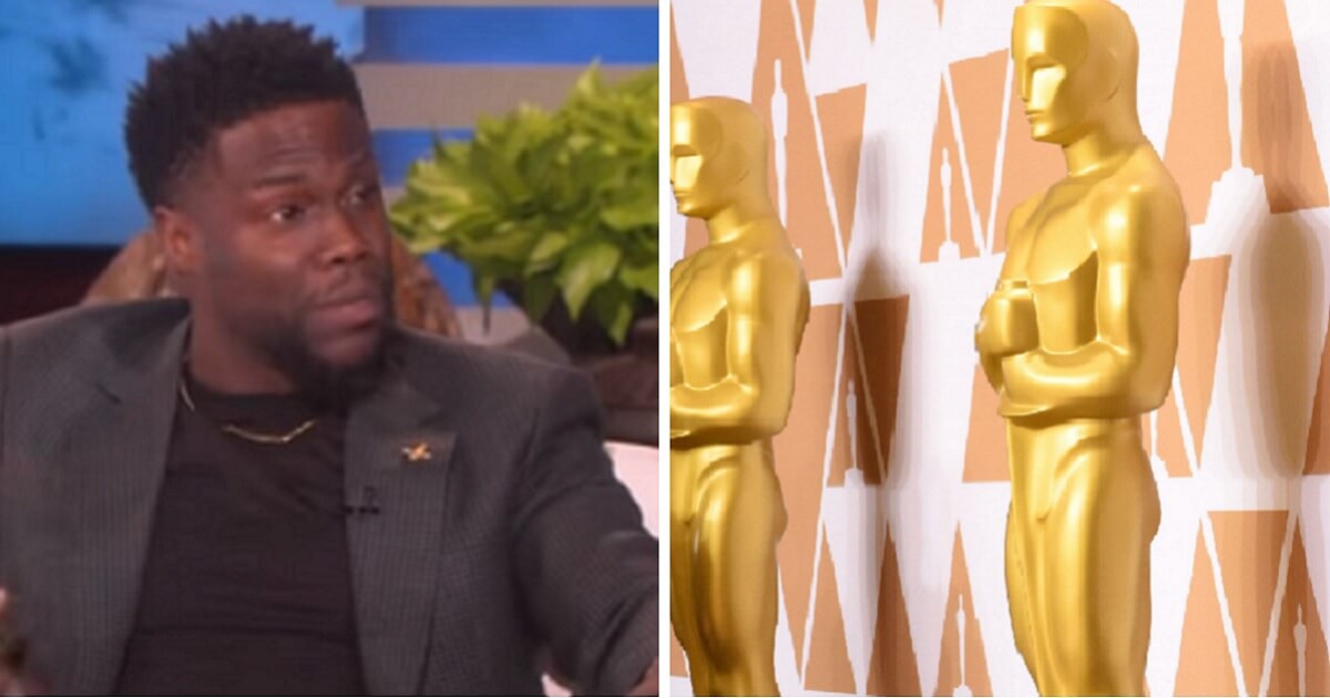 Comedian Kevin Hart, left; and Oscar statues, right.