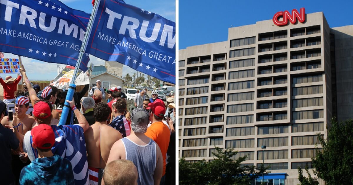 Crowd of Trump supporters, left; CNN headquarts in Atlanta, right.