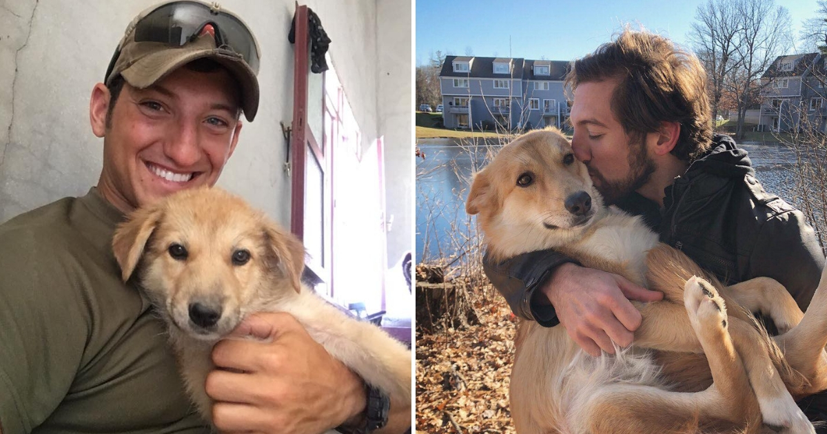 Man with a puppy, left, and him with the dog all grown up, right.