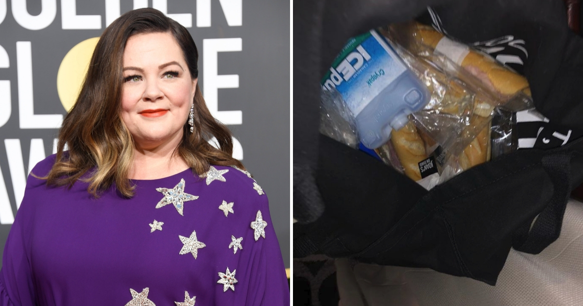 Melissa McCarthy at the Golden Globe Awards, left, and a bunch of sandwiches in a purse, right.