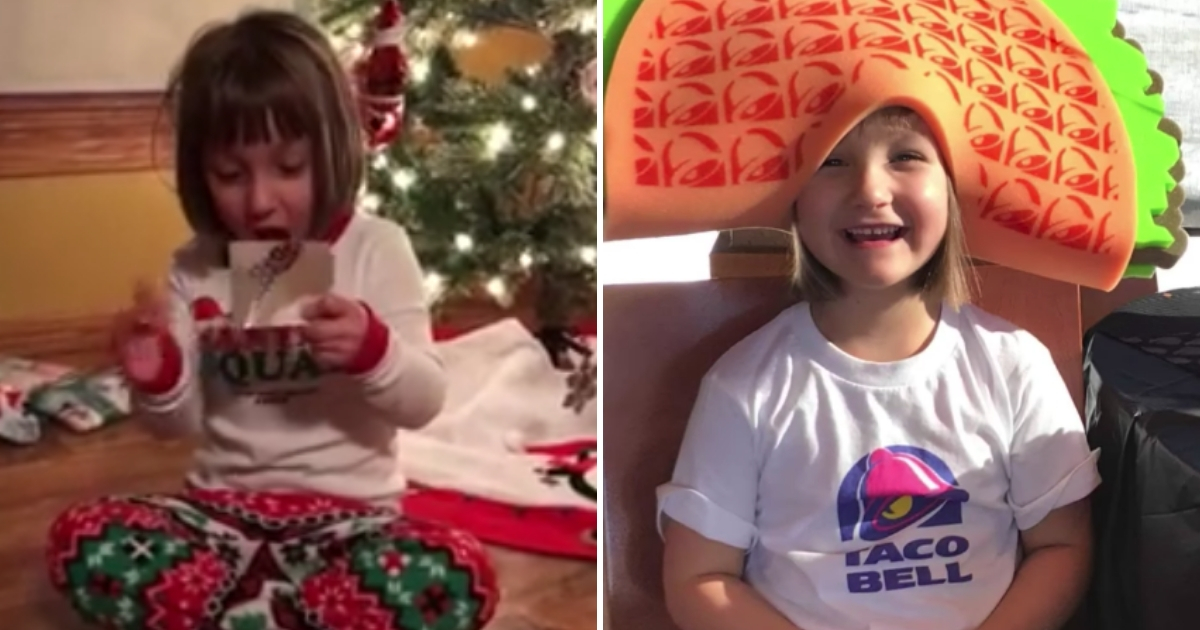 Little girl opens gift card, left, and her wearing a taco hat, right.