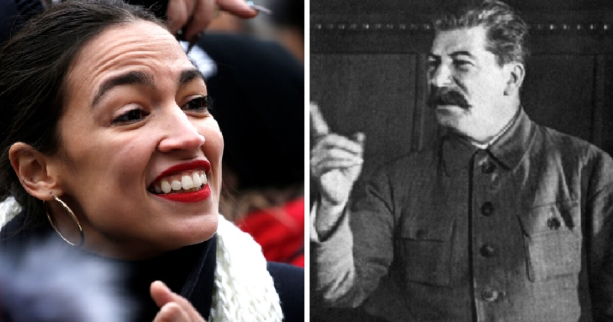 Alexandria Ocasio-Cortez, left; Joseph Stalin, right.