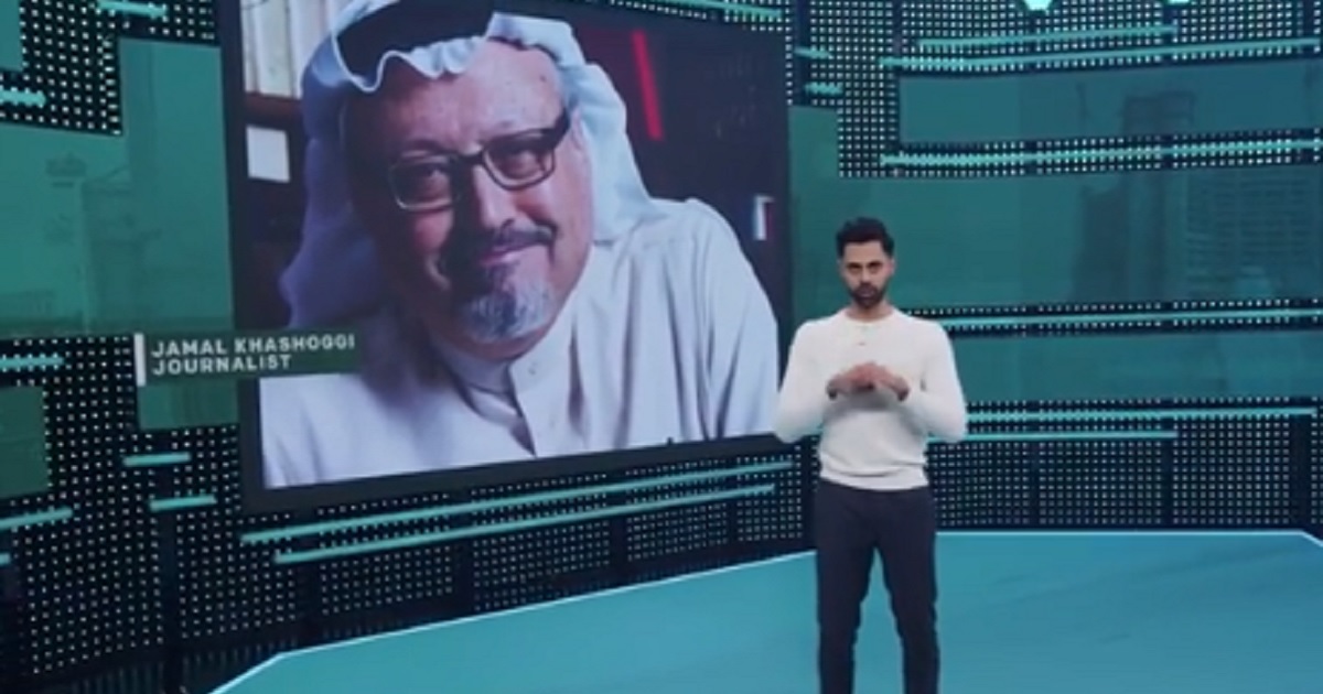 American comedian Hasan Minhaj is pictured in an episode of the Netflix series "Patriot Act with Hasan Minhaj" that was pulled from viewing in Saudi Arabia because of complaints by the Saudi government.