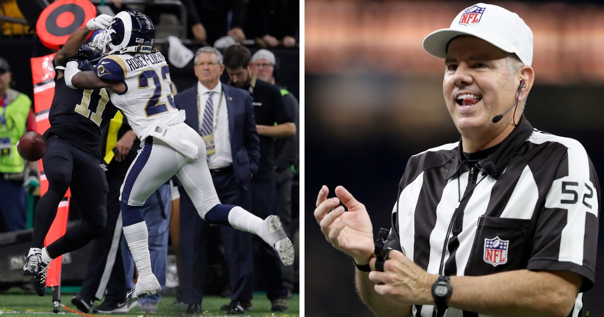 Referee Bill Vinovich, right, works the NFC championship game Jan. 20 between the Los Angeles Rams and the New Orleans Saints at the Mercedes-Benz Superdome. The game featured a notorious no-call on pass interference, left, by the Rams' Nickell Robey-Coleman on receiver Tommylee Lewis.