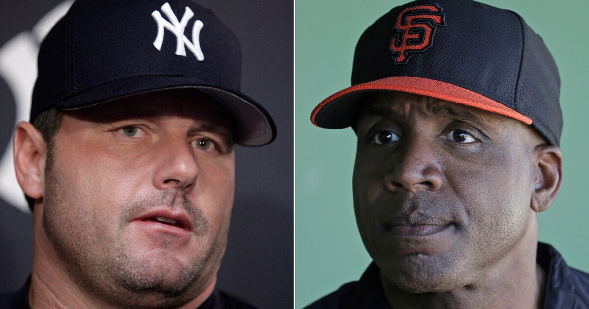 At left is a 2007 file photo showing New York Yankees baseball player Roger Clemens. At right is a 2014 file photo showing former San Francisco Giants baseball player Barry Bonds.