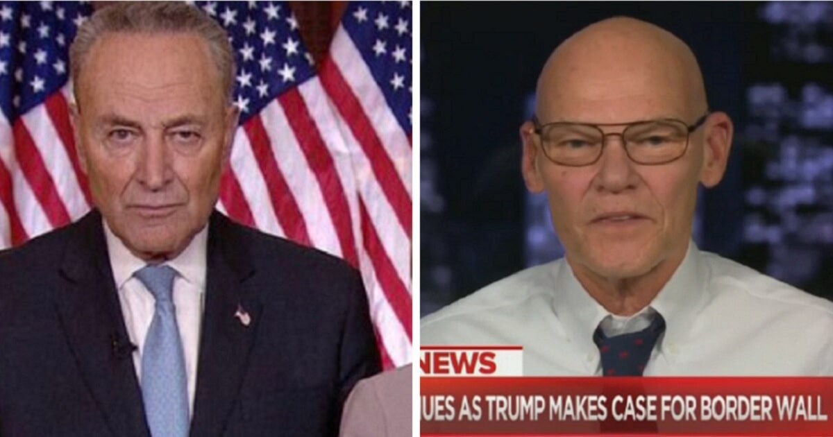 Senate Majority Leader Chuck Schumer, left; and James Carville, right.