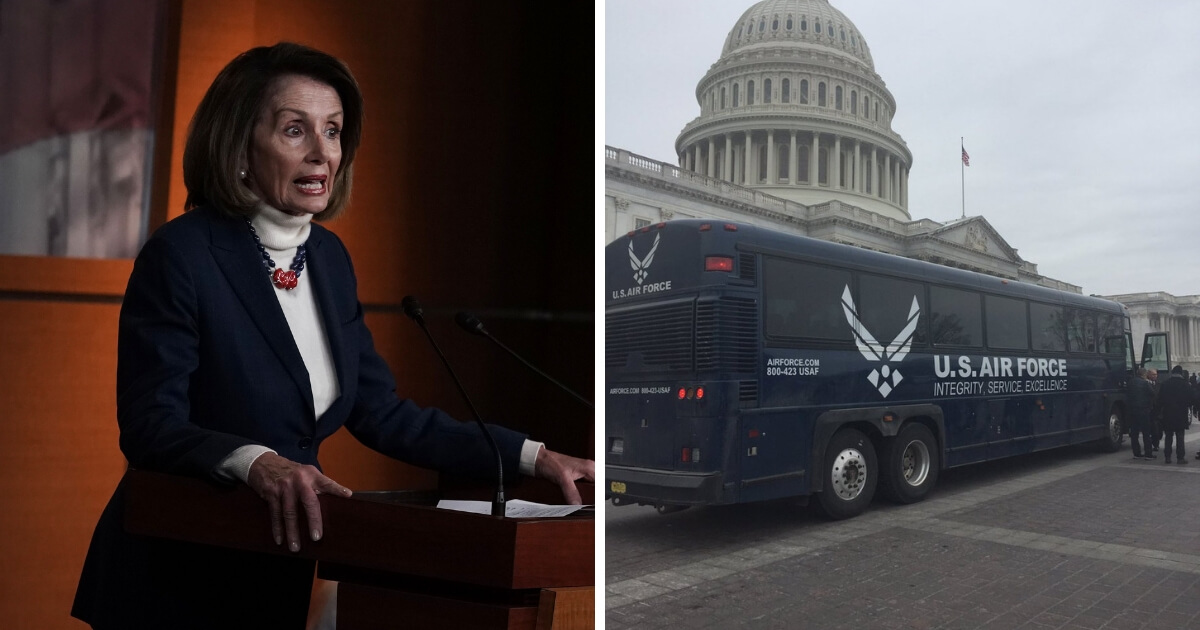 Nancy Pelosi, left, and bus, right.