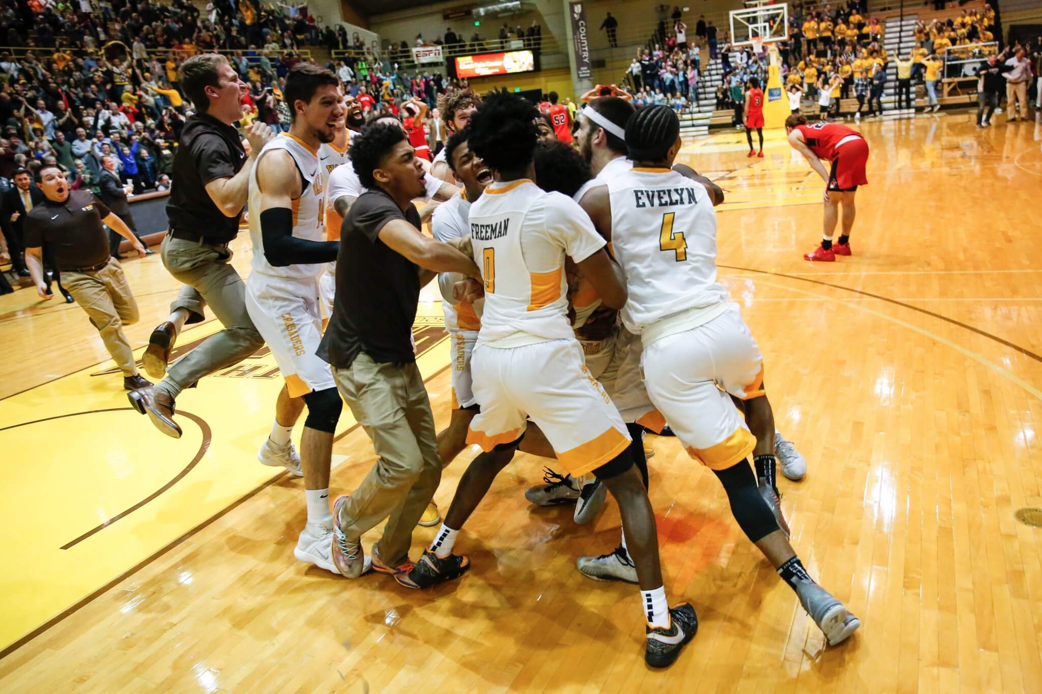 Valparaiso celebrates after beating Illinois State 58-56 on a stunning buzzer-beater by guard Markus Golder.