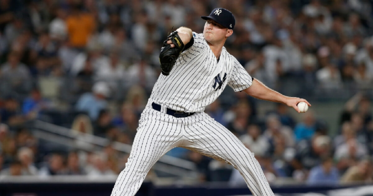 Zach Britton of the New York Yankees in action against the Boston Red Sox in Game Four of the American League Division Series at Yankee Stadium on Oct. 9, 2018 in the Bronx borough of New York City.