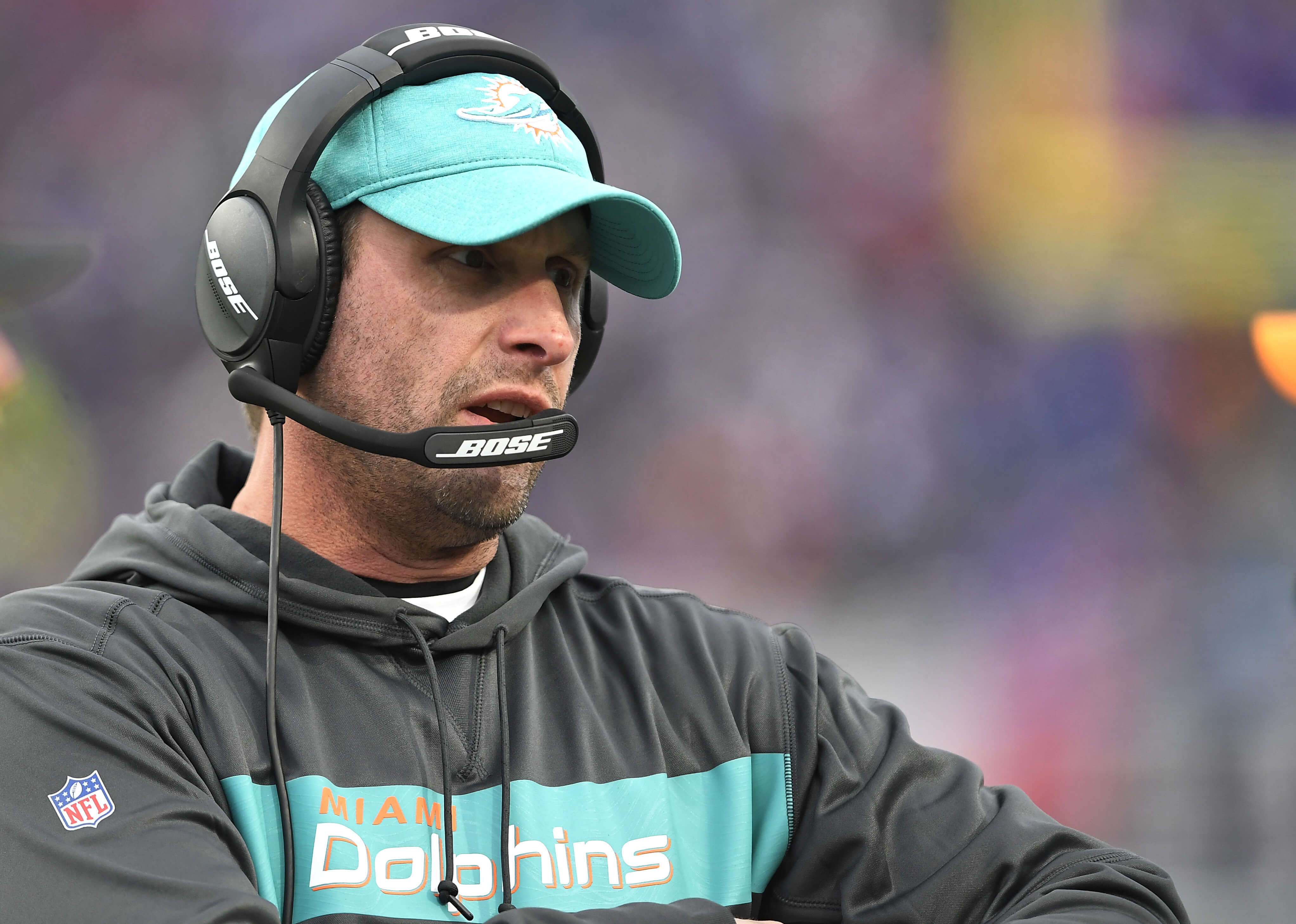 Adam Gase coaches the Miami Dolphins in a Dec. 30 game against the Buffalo Bills in Orchard Park, New York.