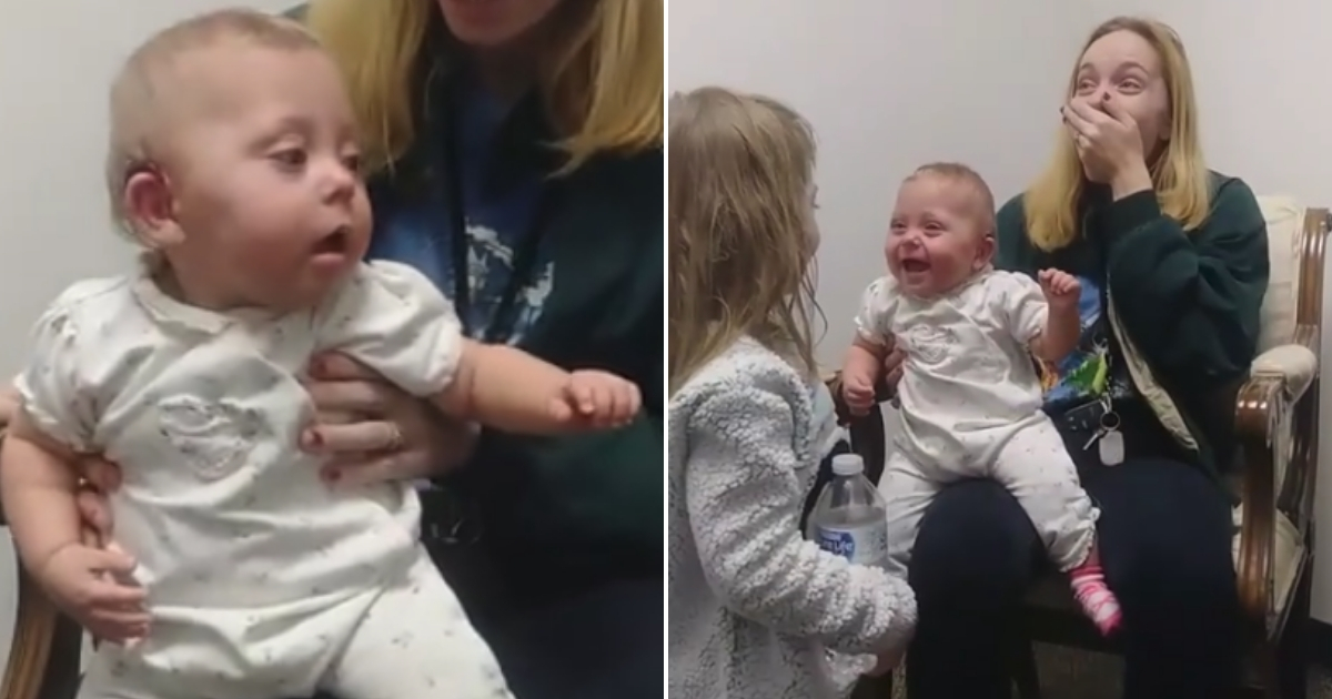 Baby hears and laughs for the first time.
