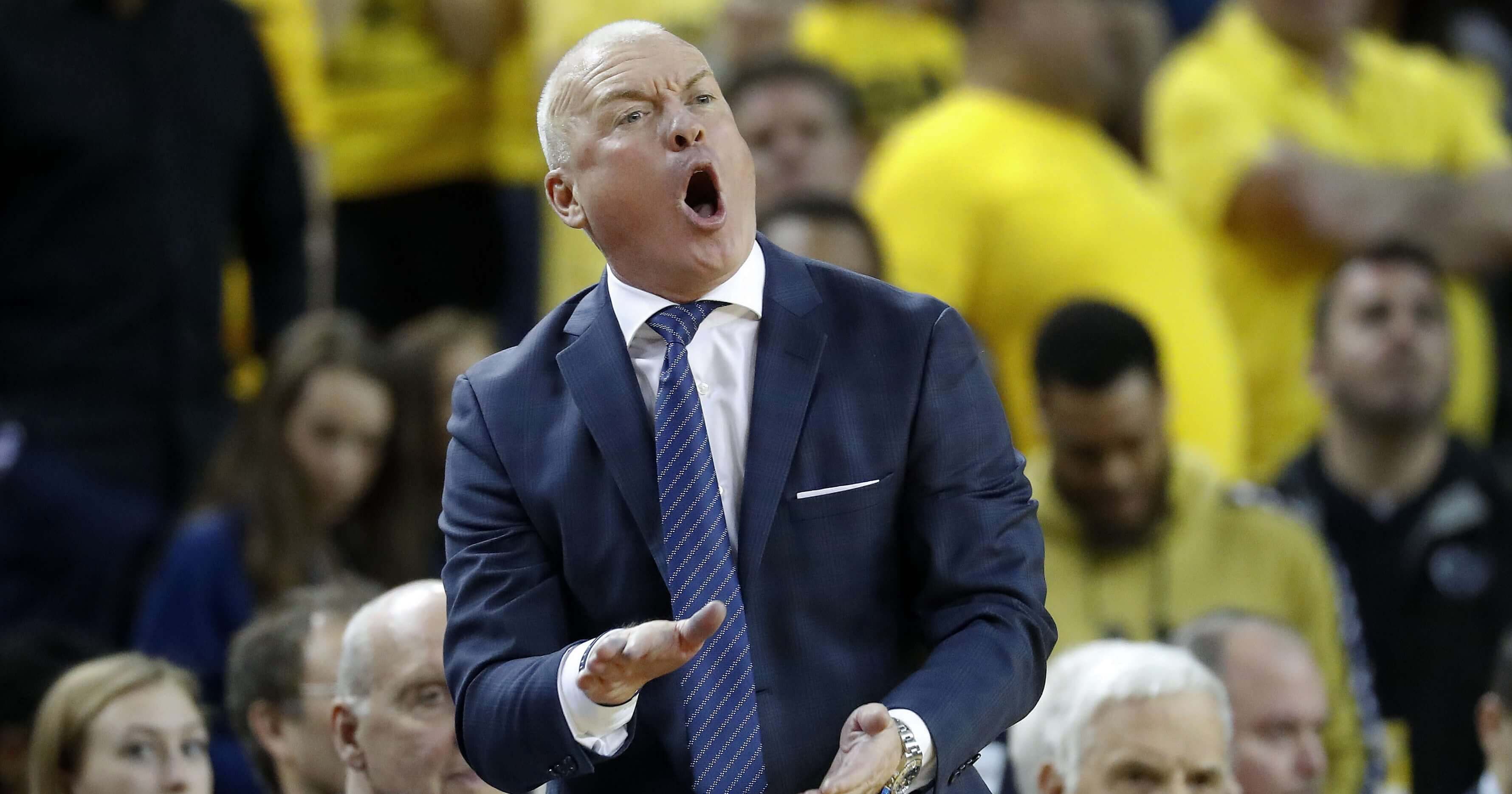 Penn State coach Pat Chambers argues a call in the second half of Thursday's game against Michigan in Ann Arbor.