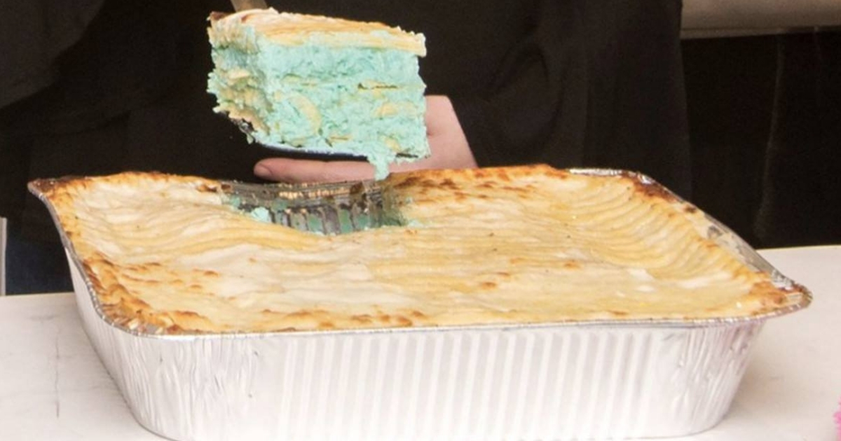 Lasagna made with blue colored cheese.
