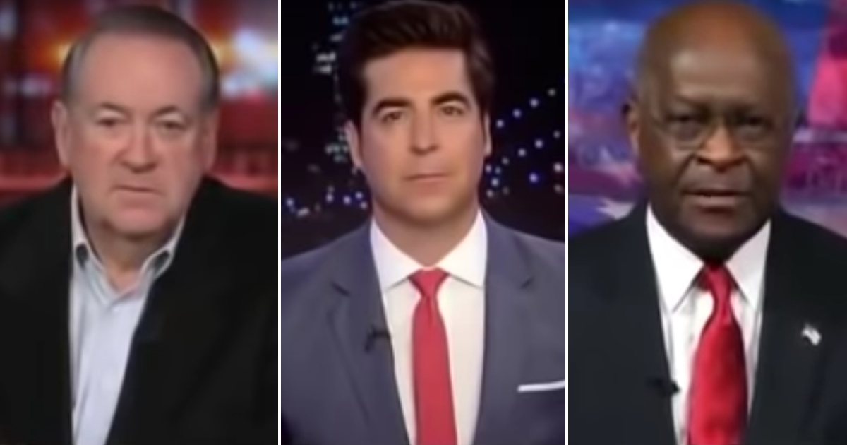 Mike Huckabee and Herman Cain with Jesse Watters on Fox News.